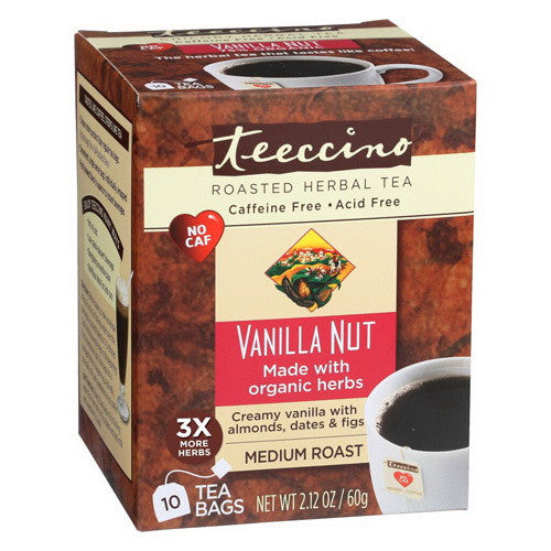 Teeccino Vanilla Nut 75% Organic Herbal Coffee Medium Roast Caffeine Free Tee Bags, 10 ea